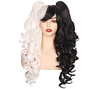 ColorGround Peluca larga y rizada para cosplay con 2 coletas (mitad negra, mitad blanca)