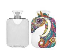 Colorida bolsa de agua caliente con diseño de unicornio bohemio con luna con funda suave, bolsa de agua caliente de 2 litros para aliviar el dolor de cuello y hombros, bolsa de agua caliente