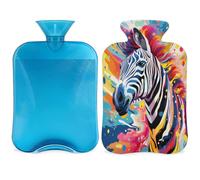 Colorida botella de agua caliente de cebra con funda, pintura artística animal bolsa de agua caliente de 2 litros para aliviar el dolor, cuello suave y hombro, calentador de pies de mano, compresa