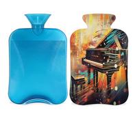 Colorida botella de agua caliente de piano con funda, diseño de música abstracta, bolsa de agua caliente de 2 litros para aliviar el dolor, cuello y hombro, manos, pies, caliente y frío