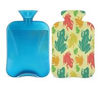 Colorida botella de agua caliente de rana con funda esponjosa, 2 L, gran capacidad, patrón de rana, bolsa de agua para noches acogedoras, alivio del dolor, espalda, cuello y hombros