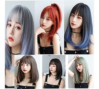 Colorida peluca de estilo Bobo de 45 cm de longitud media con flequillo, reflejos degradados, para toda la cabeza, hecha a máquina, pelo Snythetic (gris/azul)