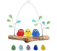 Colorida percha de cristal para pájaros, hecha a mano, arte de pared de pájaros arcoíris de vidrio marino, decoración costera de rama de madera flotante para el hogar, balcón, jardín, ventana, regalo