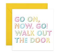 Colorida tarjeta de despedida - "Go On, Now Go" hilarante adiós, despedida, despedida, nueva tarjeta de trabajo para colegas, compañeros de trabajo, compañeros de oficina, él, ella, mujeres, hombres