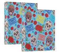 Coloridas carpetas de tres anillos azules con calaveras de azúcar, carpetas de anillos en D con bolsillos, carpetas decorativas para la escuela, la universidad u oficina (paquete de 2)