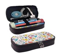 Coloridas plumas dibujadas a mano sobre funda de piel con solapa blanca para cosméticos, bolsa de almacenamiento con cremallera, bolsa de papelería con solapa de cuero, Negro -, Talla única