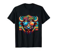 Colorido Arte Bisonte búfalo con Gafas de Sol Color Alegre Camiseta