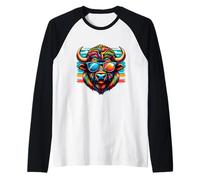 Colorido Arte Bisonte búfalo con Gafas de Sol Color Alegre Camiseta Manga Raglan