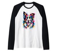 Colorido Border Collie Pop Art Retro Splash Paint Artwork Camiseta Manga Raglan