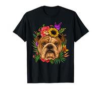 Colorido Bulldog con Flores Y Mariposa Lindos Amantes De Perros Camiseta
