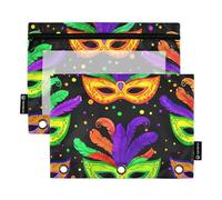 Colorido Carnaval - Estuche para lápices de 3 anillos con cremallera, color rosa, transparente, estuche para bolígrafos, estudiantes escolares, 9.8 x 7.1 pulgadas, 2 paquetes