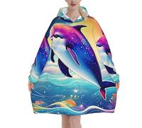 Colorido cielo estrellado océano delfín estampado acogedor manta de gran tamaño con capucha suave y cálida regalo de invierno para adultos Navidad