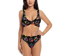Colorido conjunto de bikini de pata de perro para mujer, traje de baño de dos piezas con acolchado extraíble suave, Negro, S