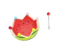 Colorido cuenco de frutas de sandía con 6 tenedores de acero inoxidable, vajilla de fiesta para postres y aperitivos, plato de cerámica para aperitivos