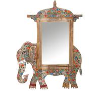 Marrakech Espejo de pared de madera único, 90 cm, decoración india, decoración de pared para salón, dormitorio y espejo de baño en el baño, elefante decorativo Akshara multicolor con marco de madera