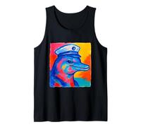 Colorido Delfín Marinero Obra Arte Náutico Costero Puesta del Sol Camiseta sin Mangas