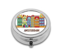 Colorido diseño caligráfico con casas de calle cultura europea personalizado redondo SilverBox bolsillo 2.1 pulgadas - 3 compartimentosBox/pastillero bolsillo