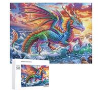 Colorido dragón sobre el mar con Flores de Loto Puzzle 500 Piezas para Adultos Juego De Concentración Mejora del Enfoque Regalo para Ocio 500 PCS