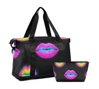 Colorido fluorescente neón labios viaje bolsas de lona deporte gimnasio bolsa con bolsa de inodoro para viaje multifuncional, colorido fluorescente neón labios, 1 tamaño, Labios de neón fluorescentes