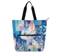 Colorido gato azul geométrico bolsa de mano para niños y niñas, gótico resistente al agua para profesores, bolsos de mano con bolsillos interiores para escuela, trabajo, viajes, escuela arcoíris