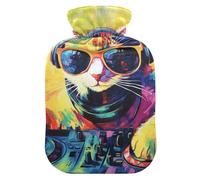 Colorido gato DJ con tocadiscos, botella de agua caliente con cubierta suave, bolsa de agua de 2 L para calambres menstruales, calambres menstruales, calambres menstruales