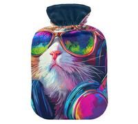 Colorido gato DJ con tocadiscos, botella de agua caliente con cubierta suave, bolsas de agua de 2 litros para calambres menstruales, calambres menstruales, calambres menstruales