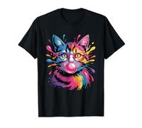 Colorido Gato Rosa Gafas Bubblegum Paint Splash Art Camiseta