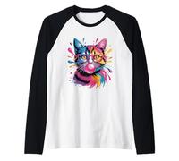 Colorido Gato Rosa Gafas Bubblegum Paint Splash Art Camiseta Manga Raglan