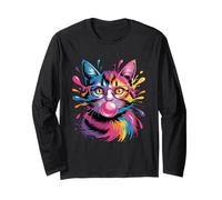 Colorido Gato Rosa Gafas Bubblegum Paint Splash Art Manga Larga