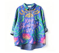 Colorido Graffiti Amor Corazón Imprimir Camisa de Manga Larga Collar de Solapa Suelta Blusa Casual Boho Arco Iris Túnica Top