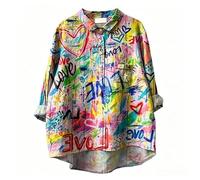 Colorido Graffiti Amor Corazón Imprimir Camisa de Manga Larga Collar de Solapa Suelta Blusa Casual Boho Arco Iris Túnica Top