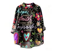 Colorido Graffiti Amor Corazón Imprimir Camisa de Manga Larga Collar de Solapa Suelta Blusa Casual Boho Arco Iris Túnica Top