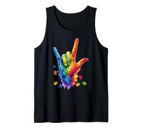 Colorido I Love You Signos Lenguaje Puzzle Mano Autismo ASL Camiseta sin Mangas