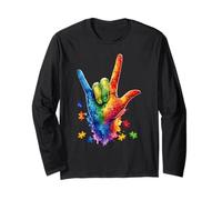 Colorido I Love You Signos Lenguaje Puzzle Mano Autismo ASL Manga Larga
