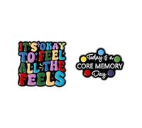 Colorido juego de broches con cita motivacional | "It's Okay to Feel All the Feels" y "Today is a Core Memory Day" | Alfileres de solapa de aleación de metal para chaquetas, bolsos y accesorios