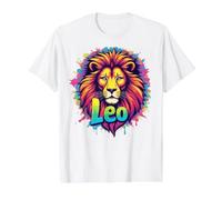 Colorido Leo León Zodiaco Splash Art Camiseta gráfica económica, Hombre, Blanco, XL