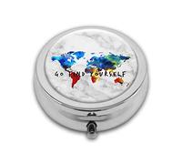 Colorido mapa del mundo caja redonda, compartimento compacto para medicinas, para bolsillo, bolso, tableta de medicina portátil, soporte de vitaminas de viaje