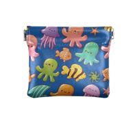 Colorido monedero de piel con diseño de animales felices, bolso de maquillaje para niñas, mujeres y mujeres, Coloridos mares de animales felices, 4.33"(L) x 3.74"(W) x 0.39"(H), Classic