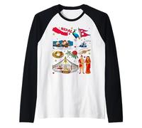 Colorido Nepal Mapa & Monumentos Culturales Ilustración Diseño Camiseta Manga Raglan