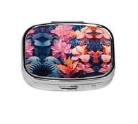 Colorido organizador de pastillas de viaje con hojas de plantas tropicales. Pastillero de 2 compartimentos, mini pastillero portátil, caja de almacenamiento de medicamentos y vitaminas