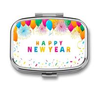 Colorido pastillero portátil con 2 compartimentos, diseño de fuegos artificiales en el cielo, organizador de pastillas de viaje para bolso de bolsillo