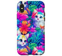Colorido patrón de gato tropical con vibrantes flores de la selva Carcasa para iPhone X/XS