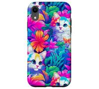 Colorido patrón de gato tropical con vibrantes flores de la selva Carcasa para iPhone XR