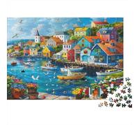 Colorido Pueblo costero Puzzle 1000 Piezas Arte de la Ciudad del Puerto Cartón para Adultos Noche Familiar para Decorar Mejor Regalo Oferta Precio Económico 70x50cm/1000pcs
