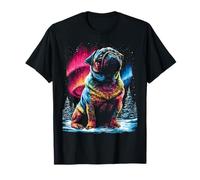 Colorido Pug Aurora Borealis Paisaje Invierno Perro Bosque Camiseta