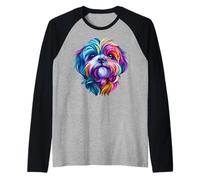 Colorido Shih Tzu Face Cute Puppy Dog Lover Hombres Mujeres Negro Camiseta Manga Raglan
