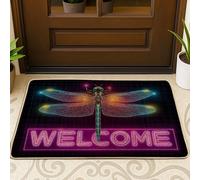 Colorido tapete de bienvenida de libélula, tapete de entrada de neón brillante para interiores y exteriores, decoración navideña, felpudo de goma antideslizante para una fácil limpieza, 29 x 17