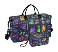 Colorido y deslumbrante diseño de neón con patrones de brillo de neón grande, bolsa de viaje para la noche, gimnasio, deportes, bolsas de lona con bolsa de aseo para entrenamiento, juego de 2 piezas,