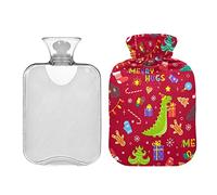 Coloridos dinosaurios de Navidad botella de agua caliente roja con cubierta bolsa de agua caliente transparente 1L botella de agua caliente para alivio del dolor de cuello y hombros, manos pies más caliente y terapia de frío