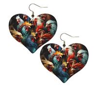 Coloridos gallos de pie juntos estampados elegantes aretes en forma de corazón, accesorios ligeros para mujer, perfectos para fiestas y día de San Valentín.